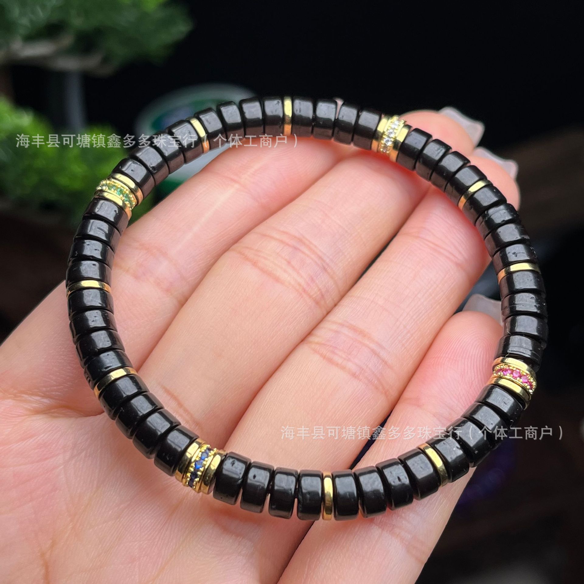 Black Gold Coconut Shell Disc Bracelet, 6mm Natural Coconut Beads with Brass Accents, Handmade Braided Adjustable Layered Men's Jewelry for Stacking thumbnail