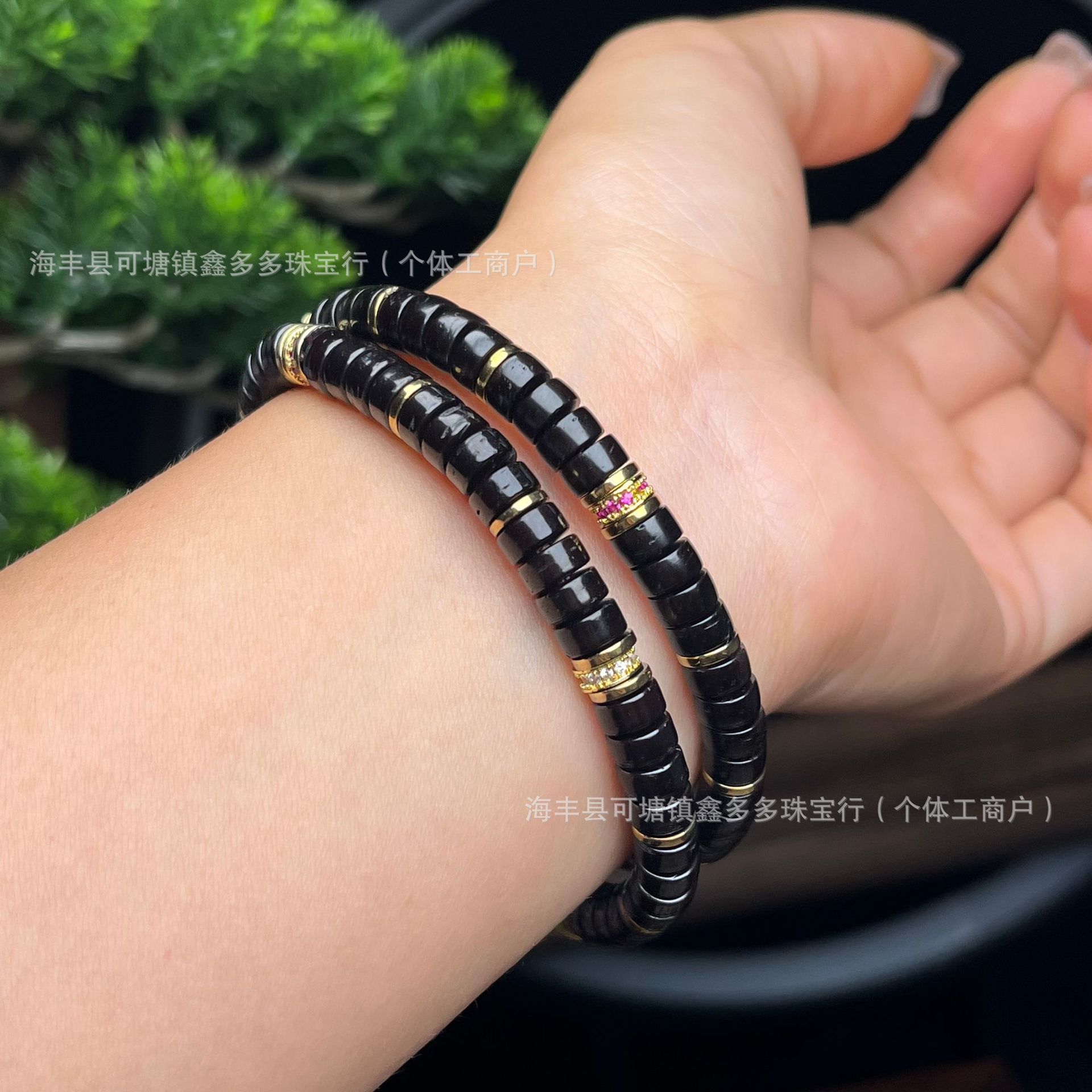 Black Gold Coconut Shell Disc Bracelet, 6mm Natural Coconut Beads with Brass Accents, Handmade Braided Adjustable Layered Men's Jewelry for Stacking thumbnail