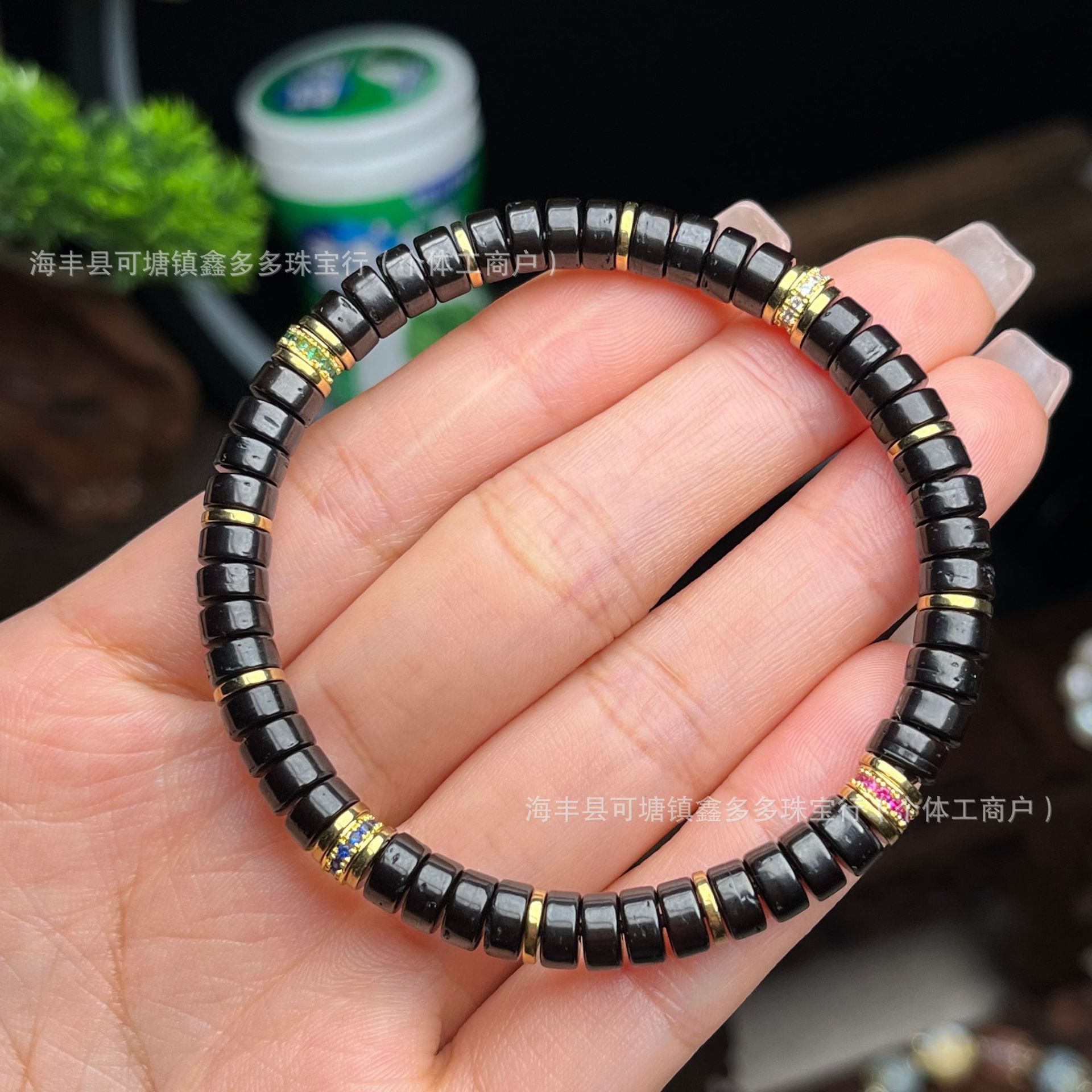Black Gold Coconut Shell Disc Bracelet, 6mm Natural Coconut Beads with Brass Accents, Handmade Braided Adjustable Layered Men's Jewelry for Stacking thumbnail